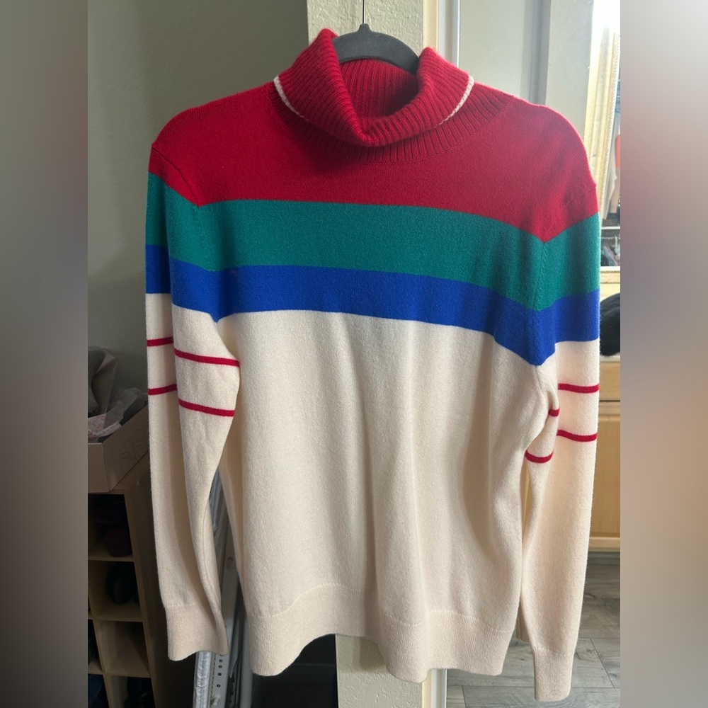Lands' End Women's Turtleneck 100% Cashmere Sweater -Cream with stripes